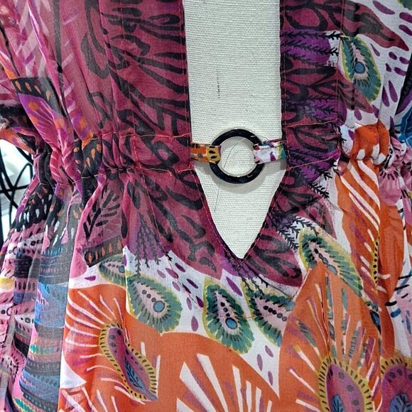 Roma Beachwear Size Small/Medium Sheer Coverup Pink Peacock Feathers EUC - Picture 2 of 11